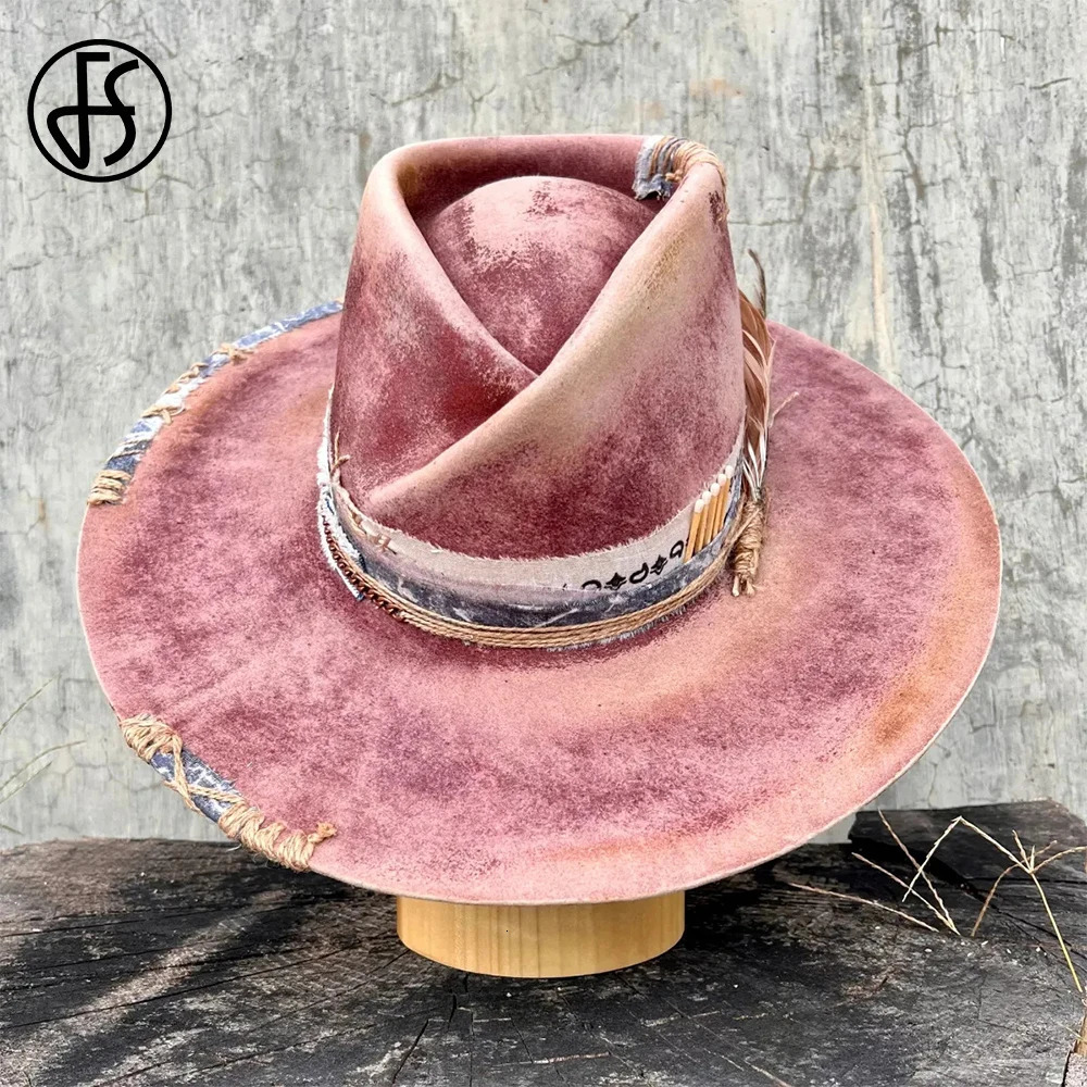 FS Vintage Wine Red Cowboy Hats For Men Women With Ribbon Feather Decoration Jazz Panama Hat Gentleman Wool Felt Fedoras 250320
