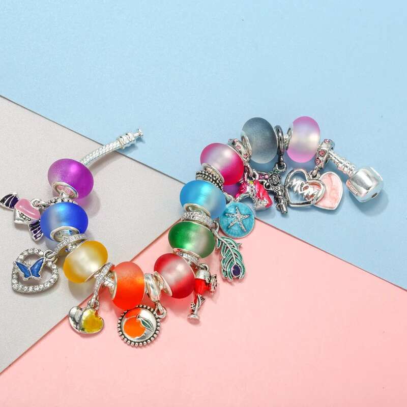 41 Style Silver Plated Snake Chain Charm Bracelets For Women With Colour Bead Pendant DIY Bracelets Fashion Jewelry Dropshipping