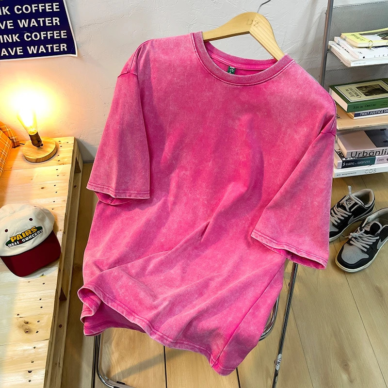 Vintage Snowflake Point Solid Color T-Shirts For Men Women 100% Cotton Short Sleeve Wash With Old Water Street Hip Hop Tee Shirt 250317
