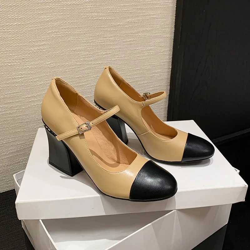 MKKHOU Fashion Pumps New High Quty True Leather Color Block Round Toe High Heels Mary Janes Shoes Commuter Women ShoesC250319