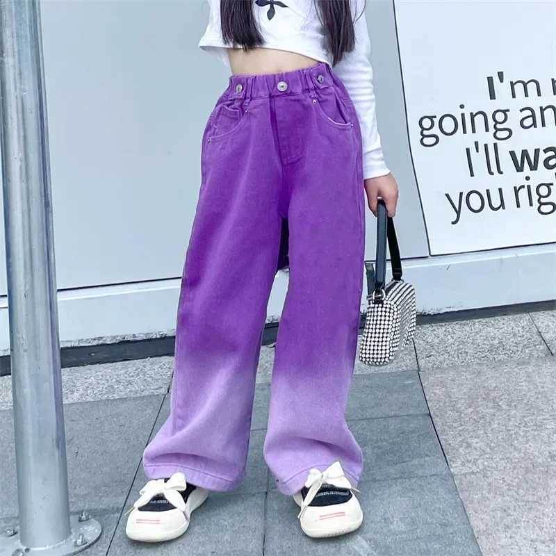 Girls jeans spring and autumn candy colors fashionable gradient wide leg pants childrens clothingT250326