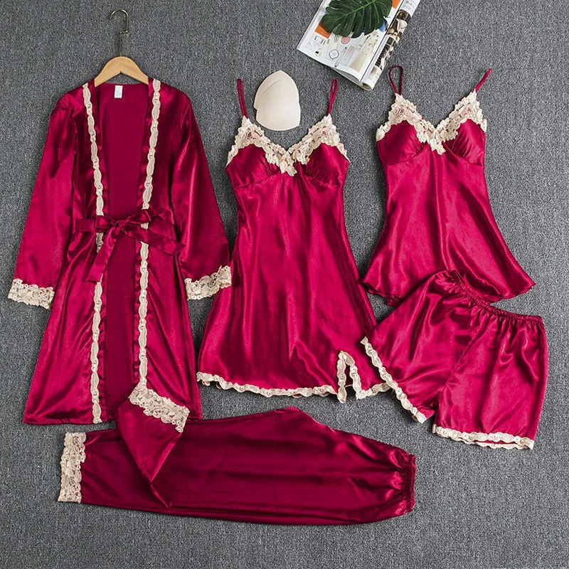 Silk Satin lace patchwork womens pajamas set top shorts Loose waist womens pajamas home with breast pad pajamas 5 sets 250319