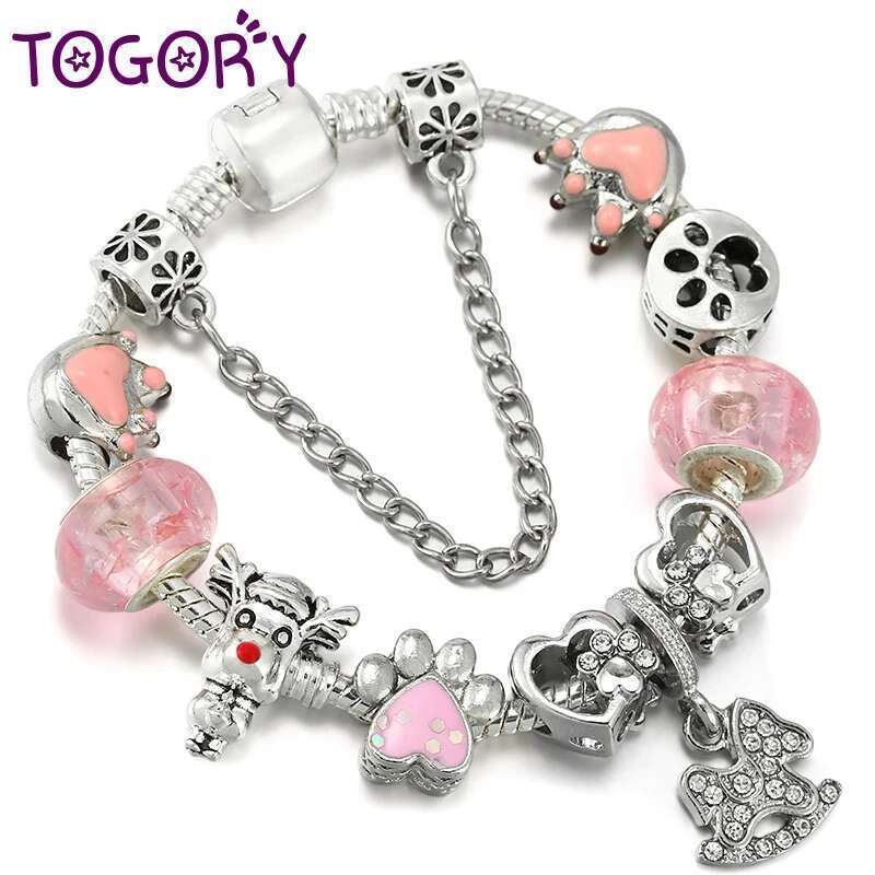 Lovely Animal Styles Charm Bracelet With Pink Paw Beads Bracelets Bangles For Women Kids Spring Jewelry Gift Dropshipping