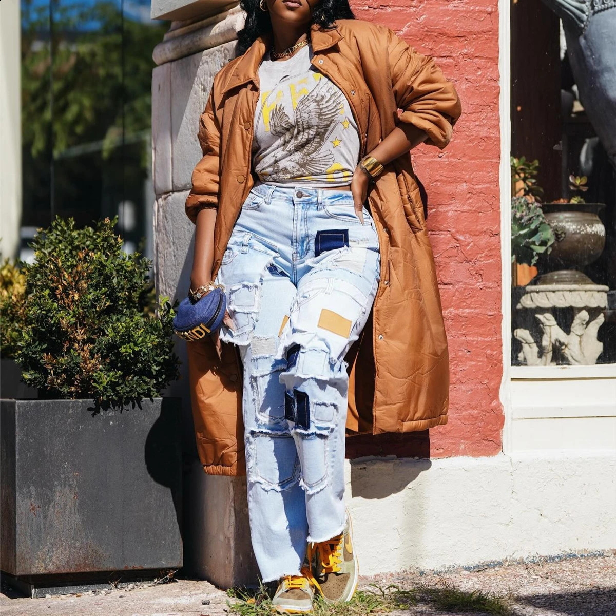 Womens Denim Pants Jeans Straight Trousers Long Pants Hole High Waist Y2k Streetwear Pockets Mom Jeans Spring Hollow Out 250314
