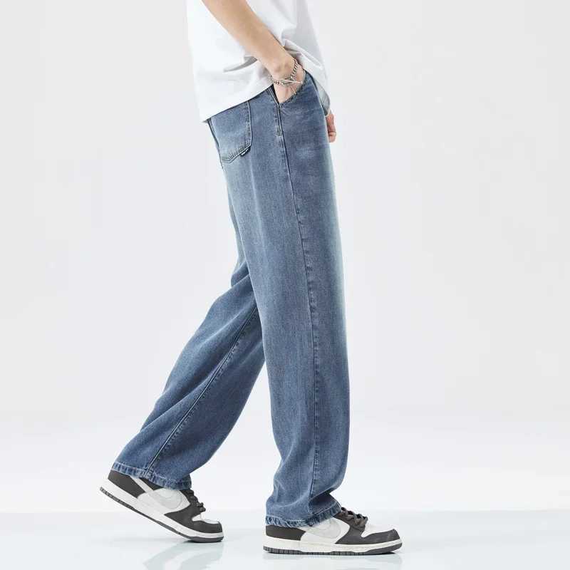 New Lyocell wide pocket jeans for mens fashion Korean straight stretch mens casual denim pantsT250319