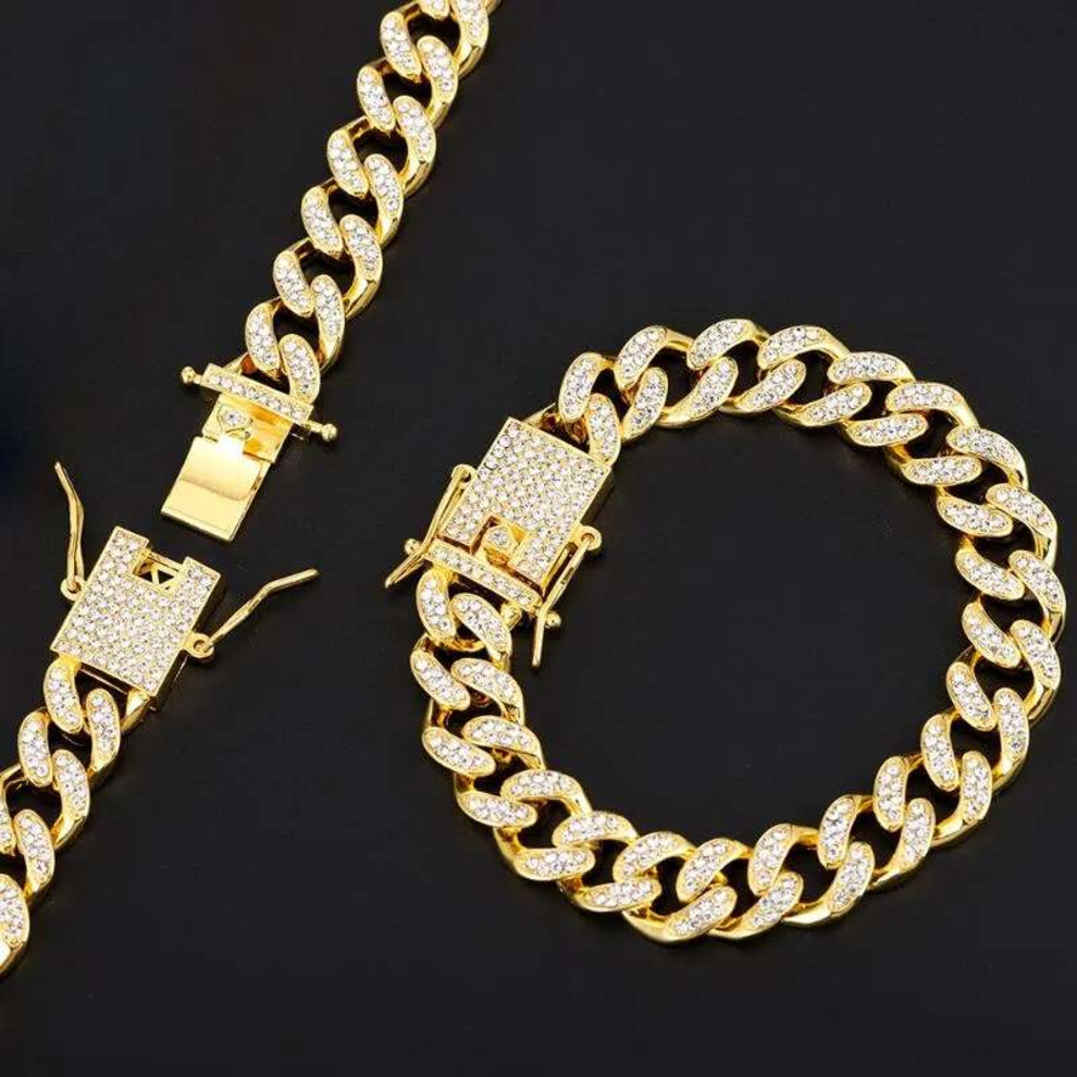 Dog Collars & Leashes Cuban Necklace Paved Rhinestones 12.5mm Width Chain Hip Hop Jewelry Gold Color Stainless Steel Material CZ Clasp Men 3b6