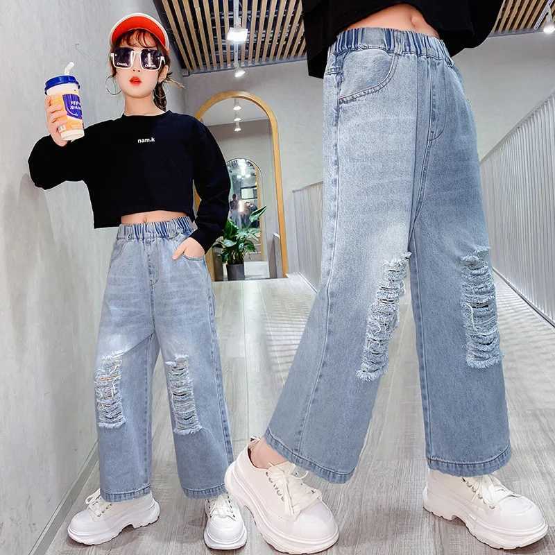 New summer teenagers children girls jeans torn holes casual childrens clothing ankle pants Capris Trousers 6 8 10 12 14 years oldT2502320