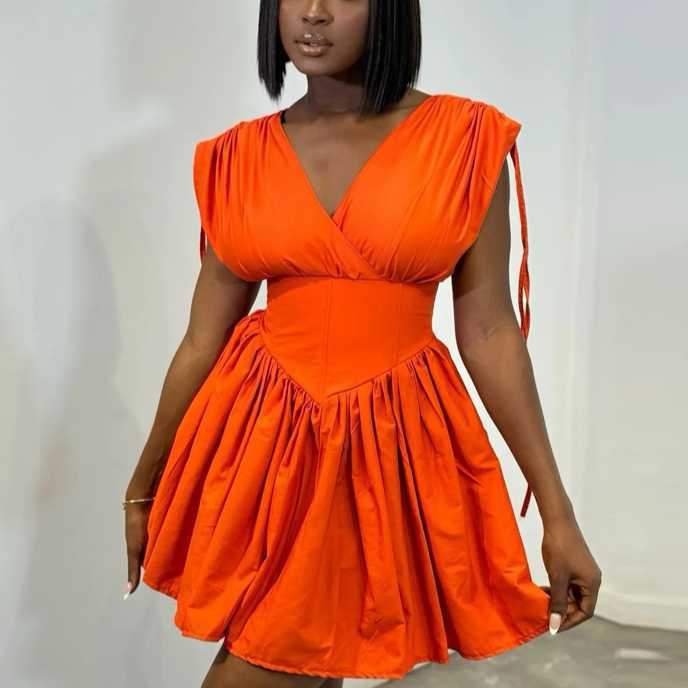 fashionable temperament V-neck high waist plus size short skirt dress for women 250315