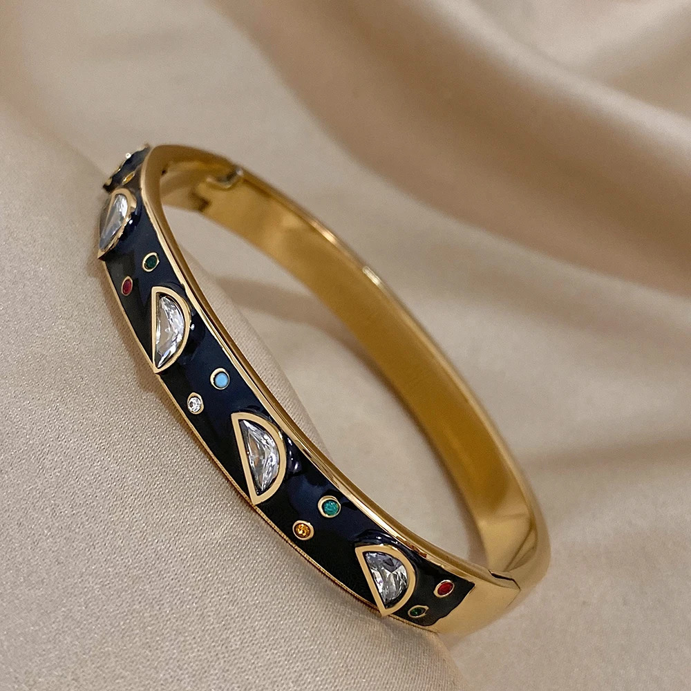 Lifefontier Stainless Steel Heart Bangles Bracelets For Women Trend Geometric Rhinestone Waterproof Earring Jewelry 250320