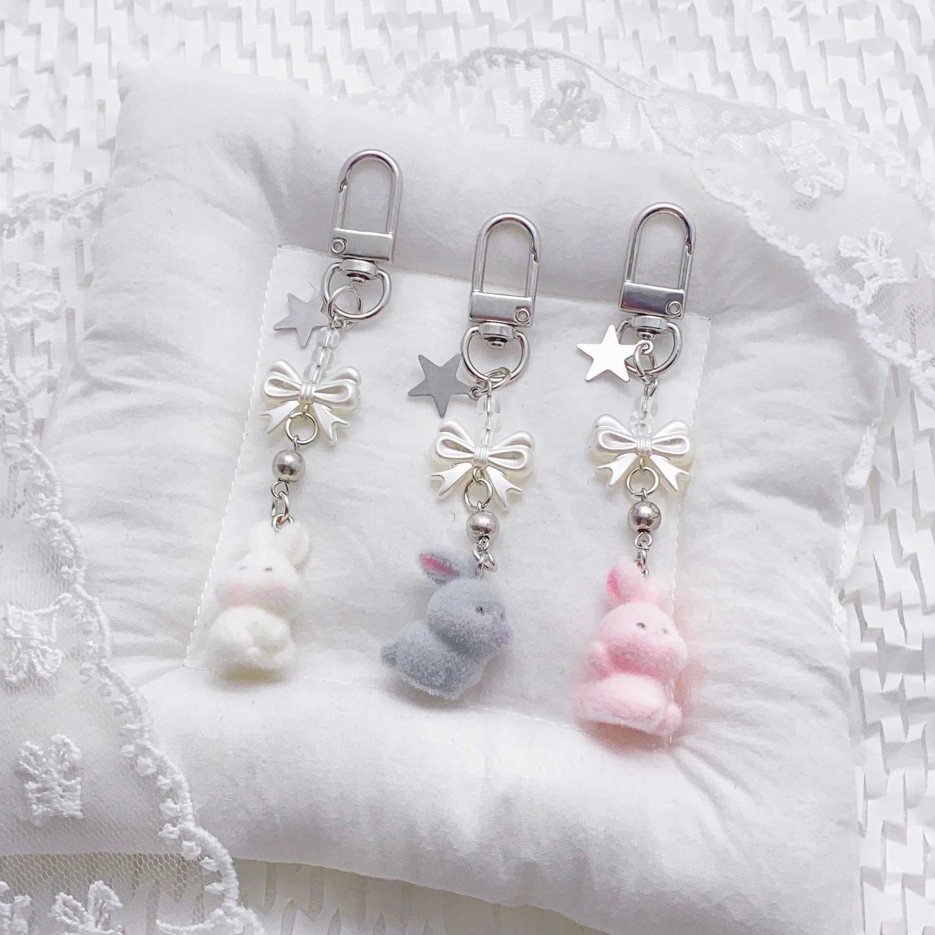 Cute rabbit keychain spotted rabbit keychain Y2k bow pendant phone chain bag charm girl jewelry giftXJ250319