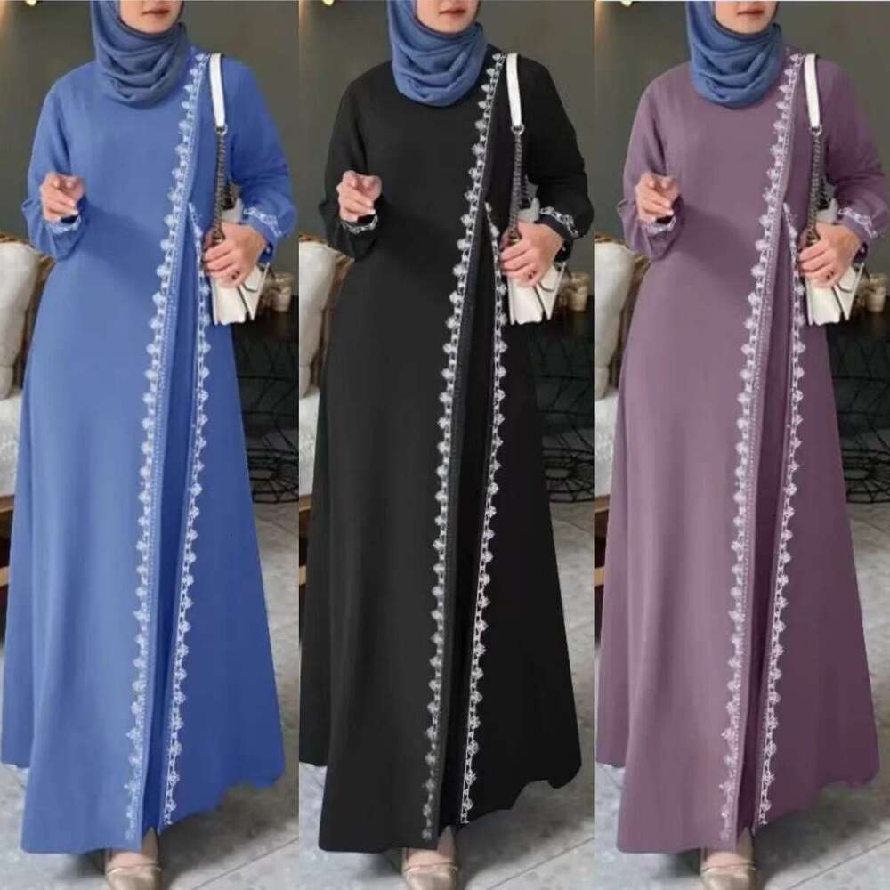 2024 New Muslim Robe Fashion Long Sleeve Lace Edge Women's Spring And Summer Casual Dress
