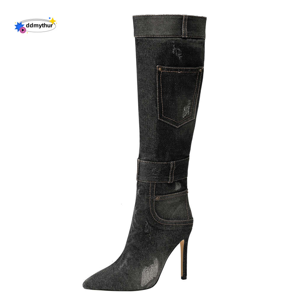 2024 oversized pointed high heeled boots, women's washed denim, sexy slim heel side zipper, knee length boots ddmythur
