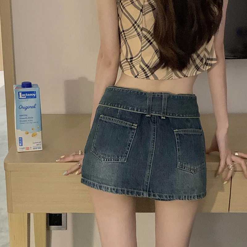 Retro Womens Denim Mini Leather Goods Summer Solid Belt Sexy Jeans Leather Goods Fe Casual Clothing Korean Ultra Thin A-line Leather Goods NewXJ250320