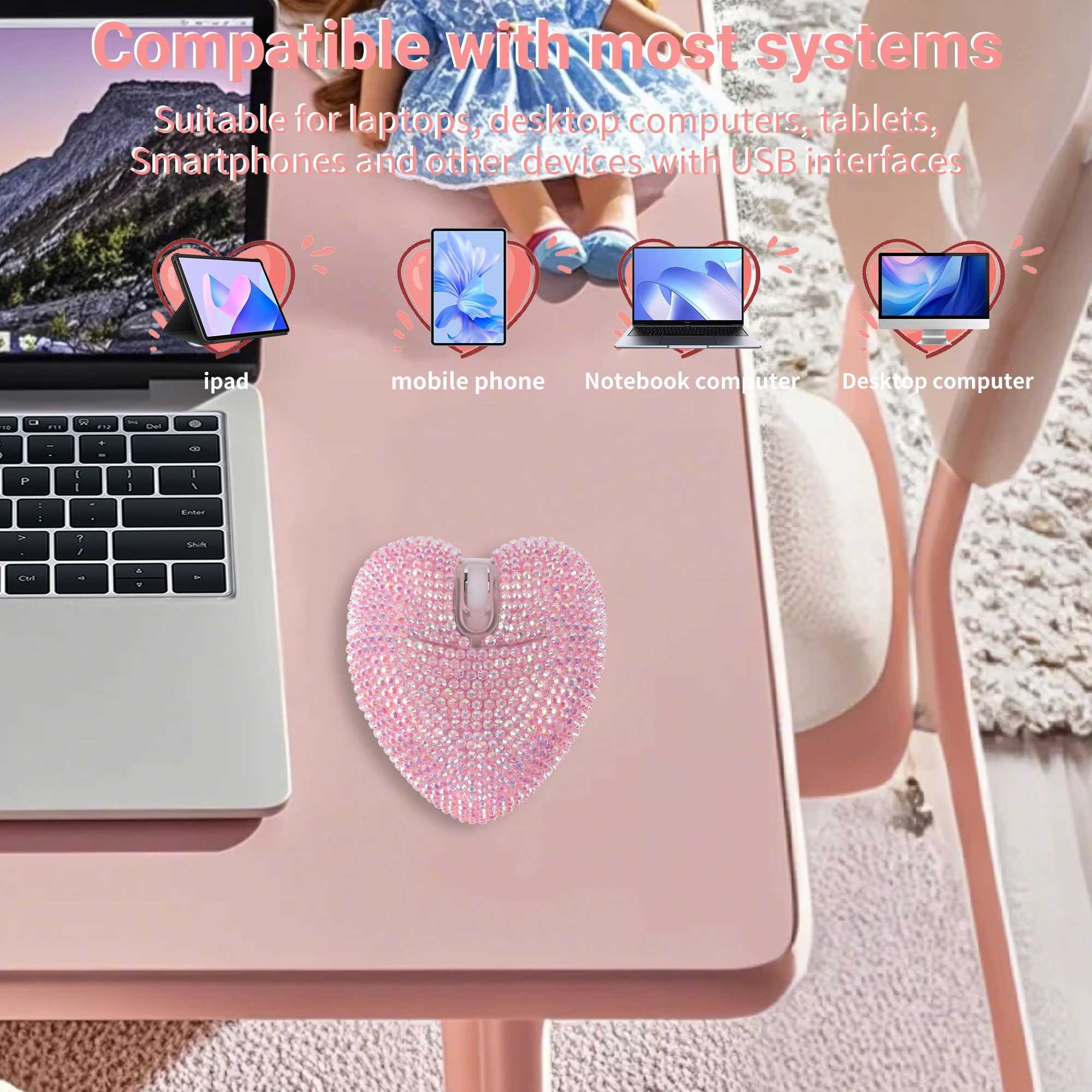 Wireless pink dual-mode diamond heart-shaped mouse C-type charging optical ergonomic mouse for laptop gift girls Z250320