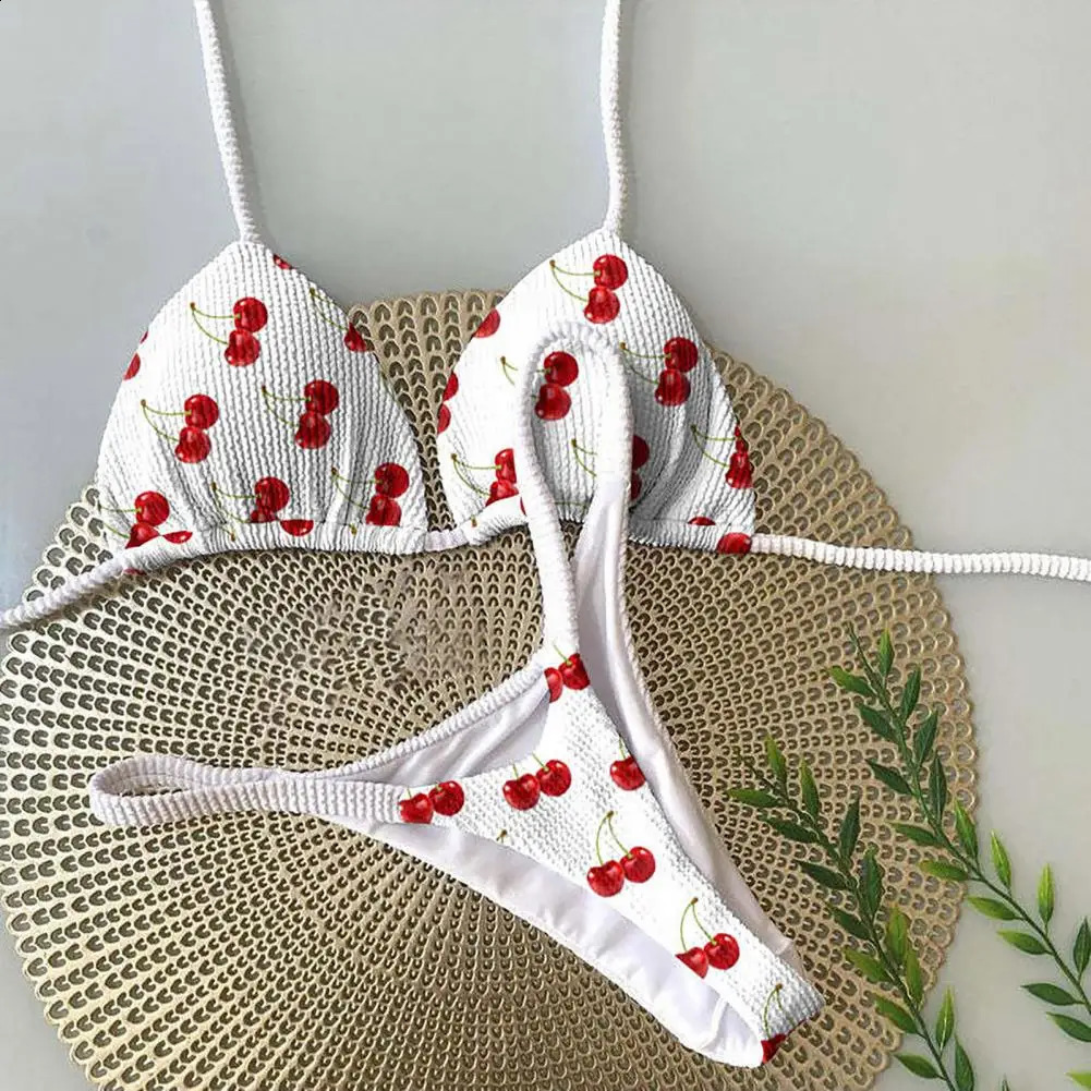 Breathable Swimsuit Leopard Print Halter Bikini Set Cherry Print Thong Swimsuit Sexy High Waist Lace-up Bathing Suit for Women 250319