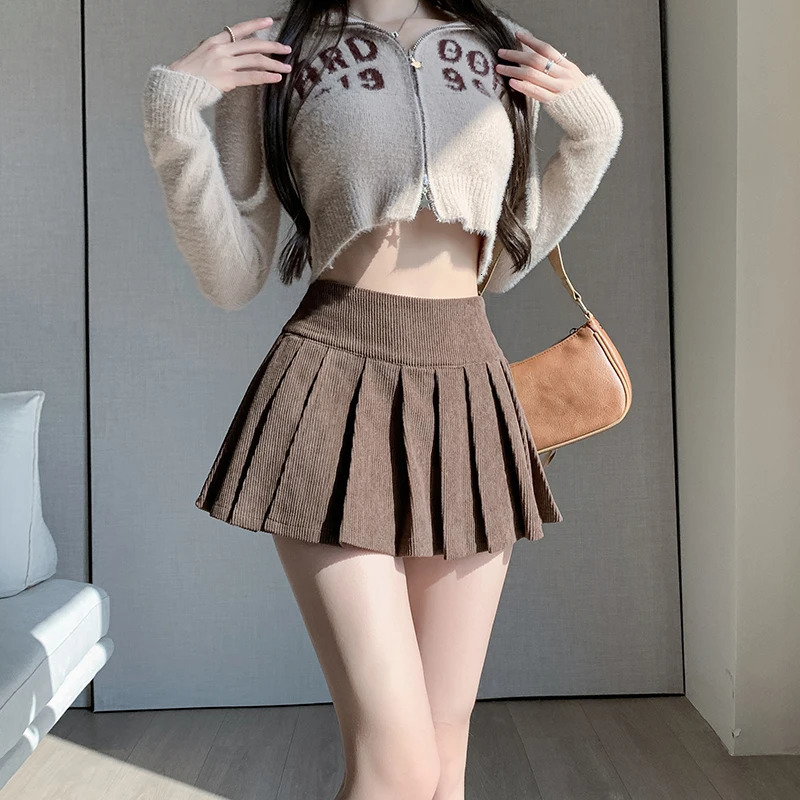 Autumn Winter Retro Womens Corduroy Pleated Skirt High Waist Casual Vintage School Short Saias Femme 250320