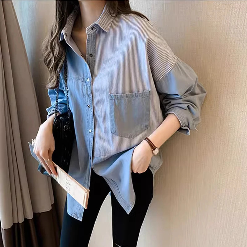 Womens Long Sleeve Denim Shirt Loose Cotton Blouse Turn Down Collar Dark Blue Tops Korean Fashion Autumn 7256 250319