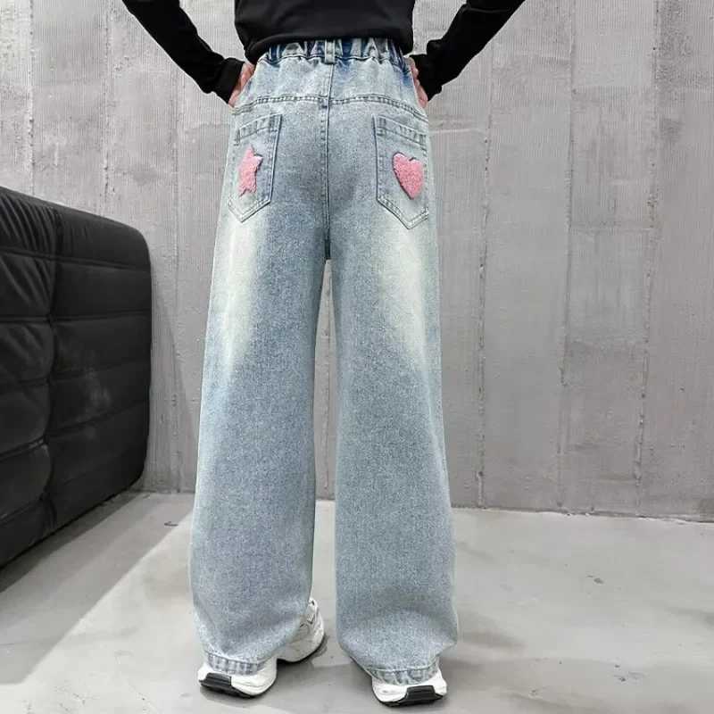 Girls Jeans 2025 New Spring Autumn Children Pants Stylish Girls Cowboy Trousers Loose Kids Wide Leg Pants Tide Teen ClothesT250326