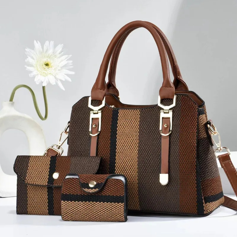 3 Piece Set Womens Bag 2024 Summer Large Womens Handbag with Wallet Vertical Stripes Womens Shoulder Crossbody Bags 250314