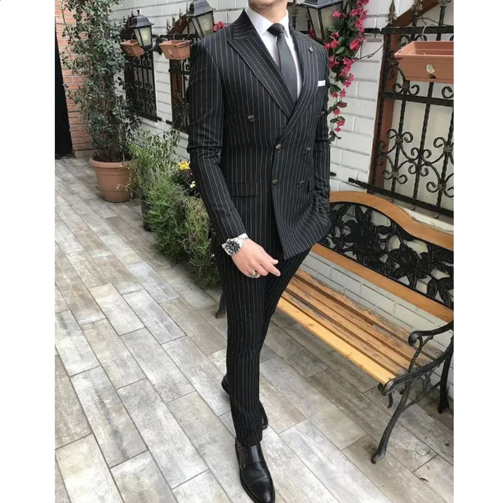High end black striped mens elegant party wedding 2piece fashion intelligent casual formal slim fit Pioneerpants 250311