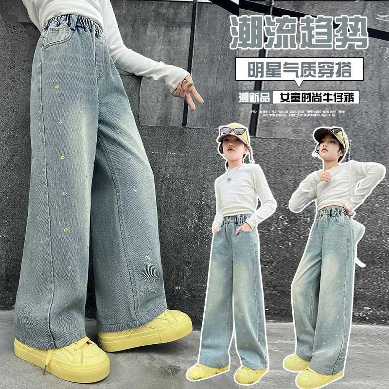 Teenage girls wide leg jeans Spring and Autumn fashion childrens casual embryo denim pants School young children straight bag TrousersT2502320