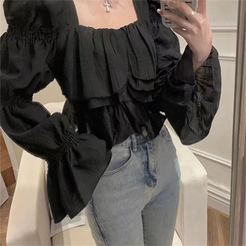 Womens Elegant Trend Ruffle Crop Top Sweet Korean Casual Purple Solid Long Sleeve Shirt and Fairycore Full Match 250319