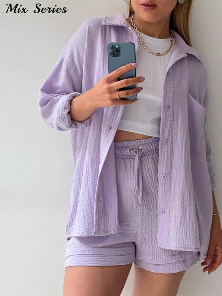 Solid pleated collar top shorts set for women oversized single chest full sleeved shirt lace pants spring womens clothing 250318