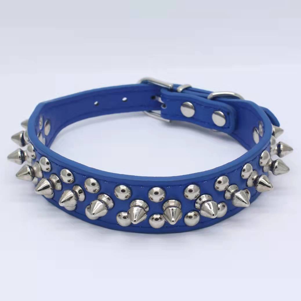 Hot selling explosive punk style cool leather thickened metal spikes anti bite adjustable pet dog collar, suitable for outdoor walks