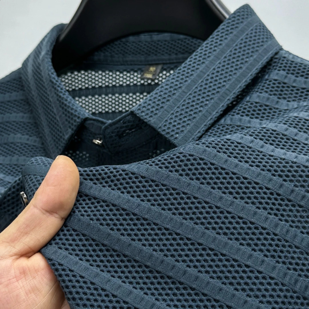 Ice Silk Mesh Hollow Polo Shirt 2023 Summer Korean Fashion Breathable Loose Tshirt Mens Clothing Short Sleeve Ropa 250318