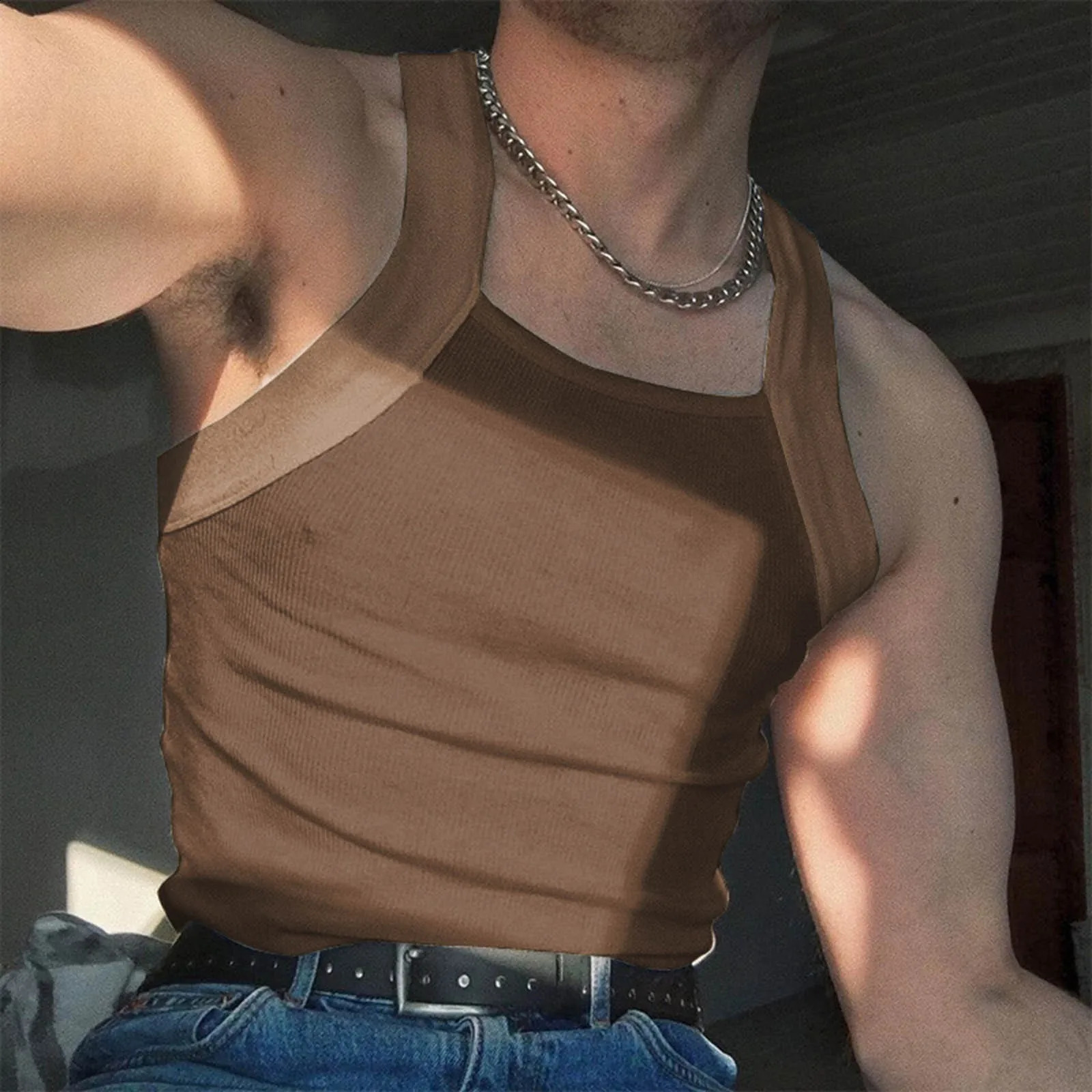 Mens brown vest Y2k retro solid color vest sleeveless tight fitting vest 250318