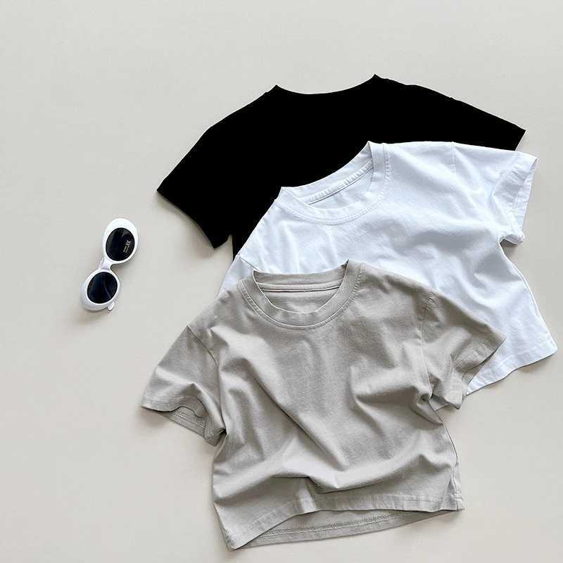 5054 Childrens Basic T-shirt 2025 Summer Black and White Grey Boys Short sleeved T-shirt Casual Loose TopT250320