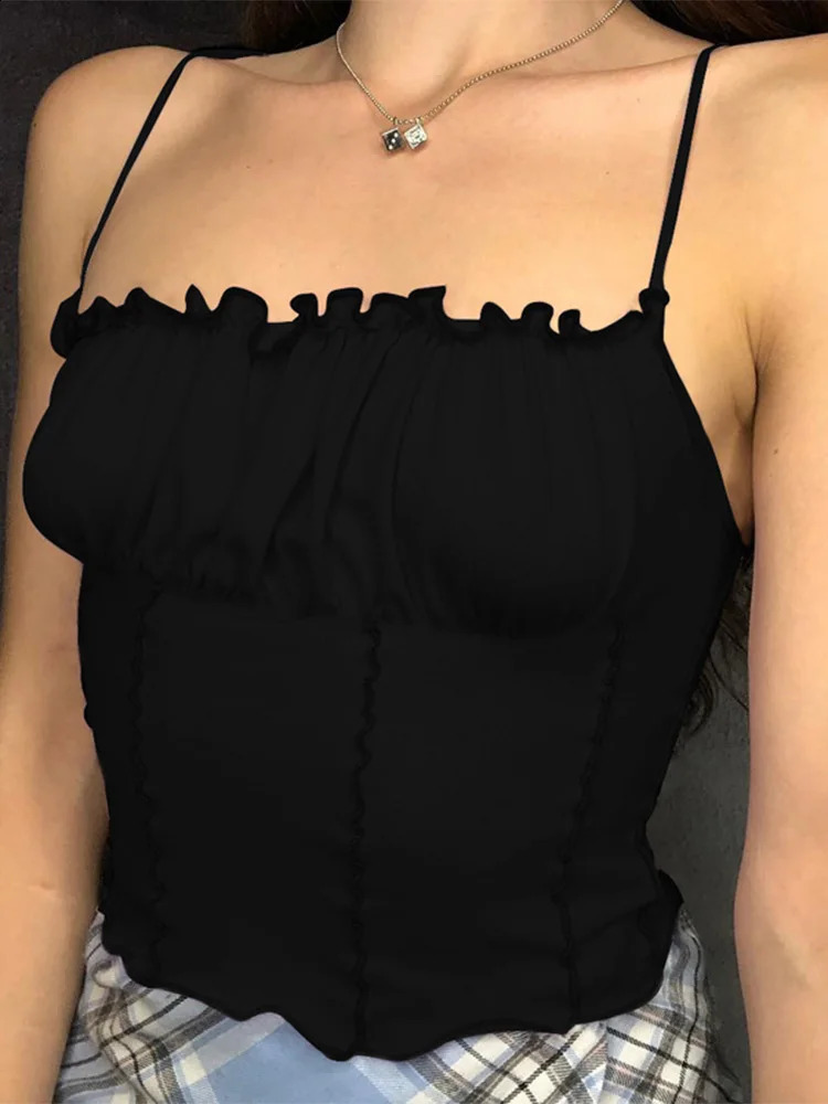 Sexy Summer Women Ruffles Tank Top Fashion Ladies Sleeveless Strapless Ruched Slim Crop Camisole Female Clothing Tanks 250319