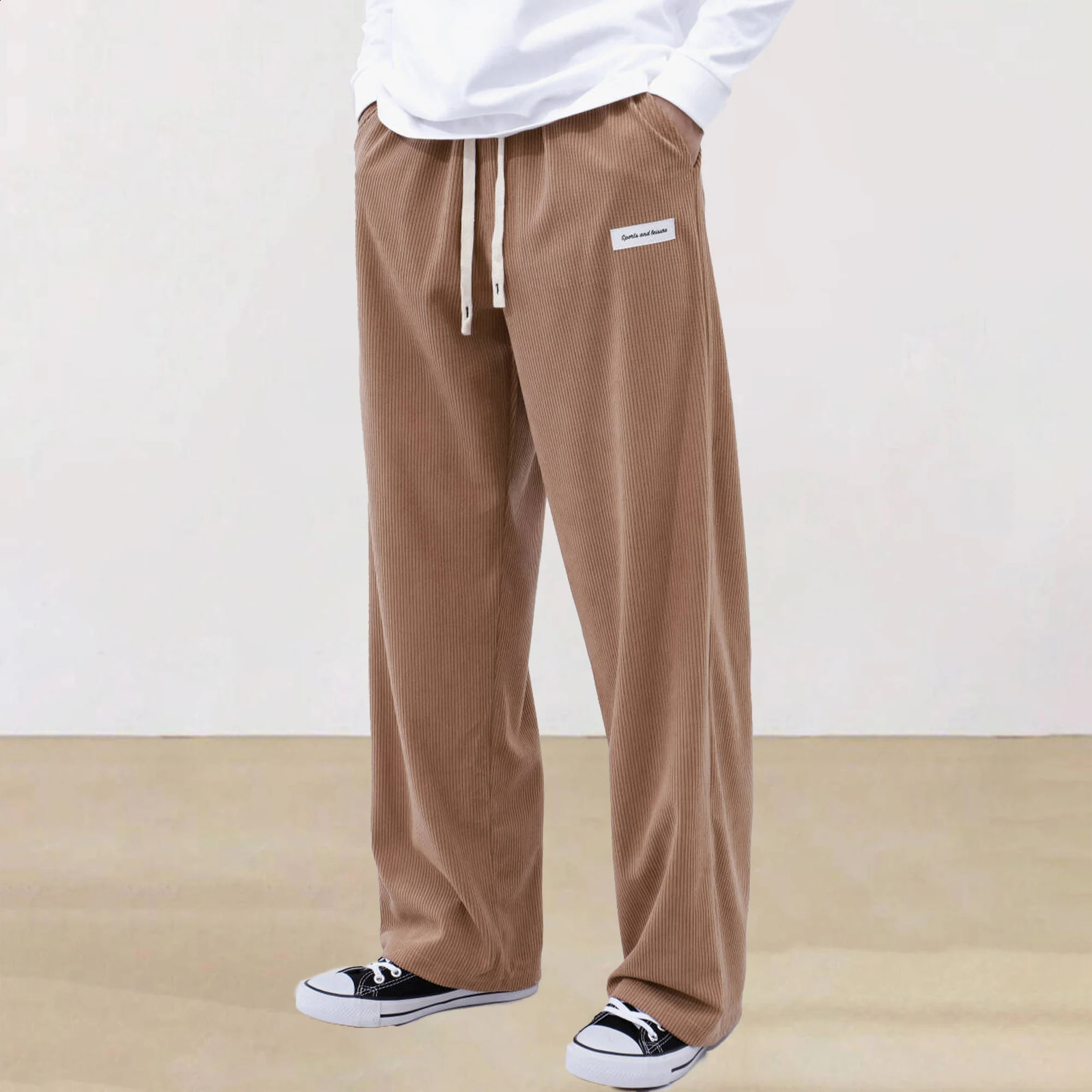 Summer solid color laceup sweatpants corduroy simple pants mens fall and winter casual 250317