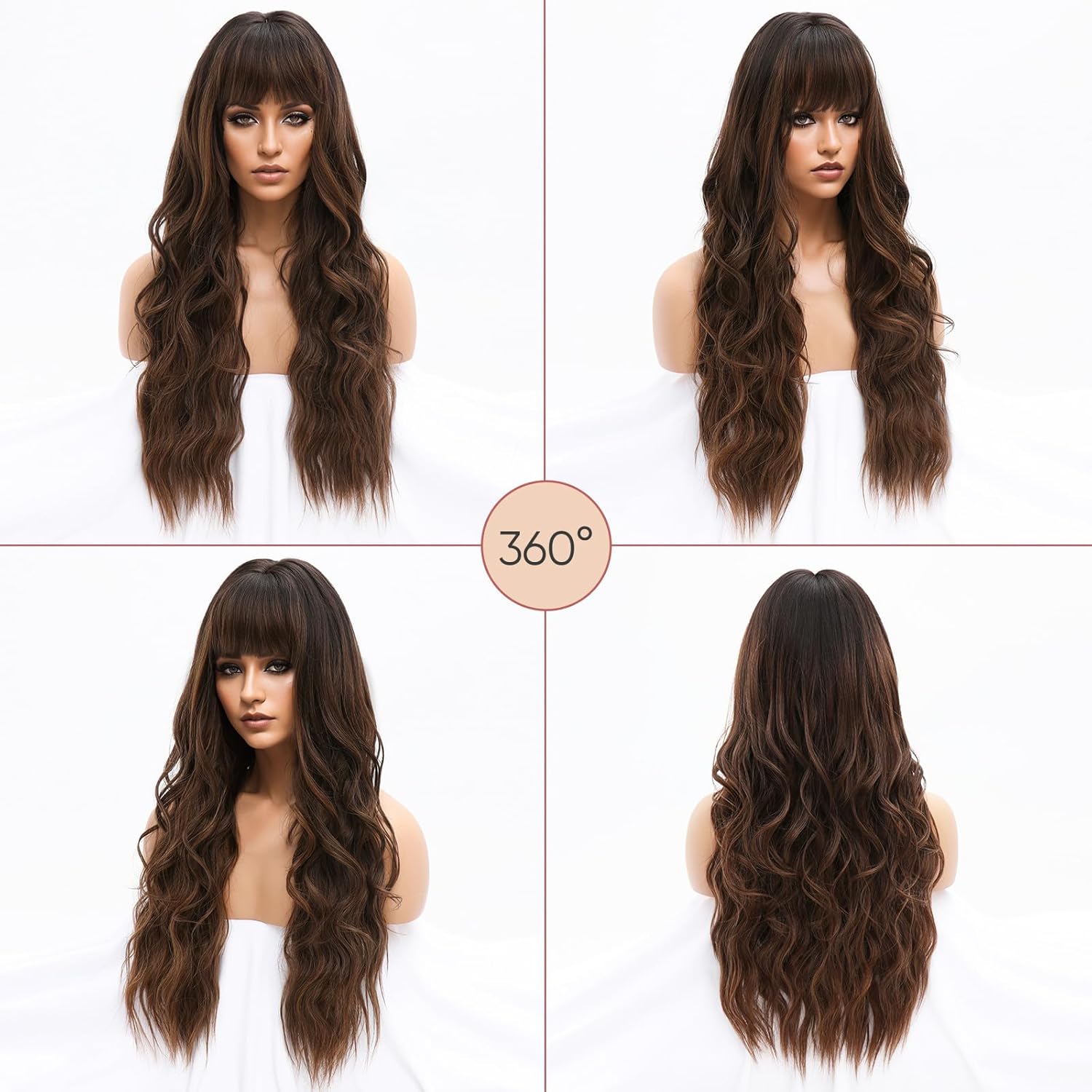 Long Chocolate Brown Wig with Bangs Dark Brown Women Long Wavy Hair Wig Curly Wavy Synthetic Wigs for Girls Daily Party Use(26 inch)