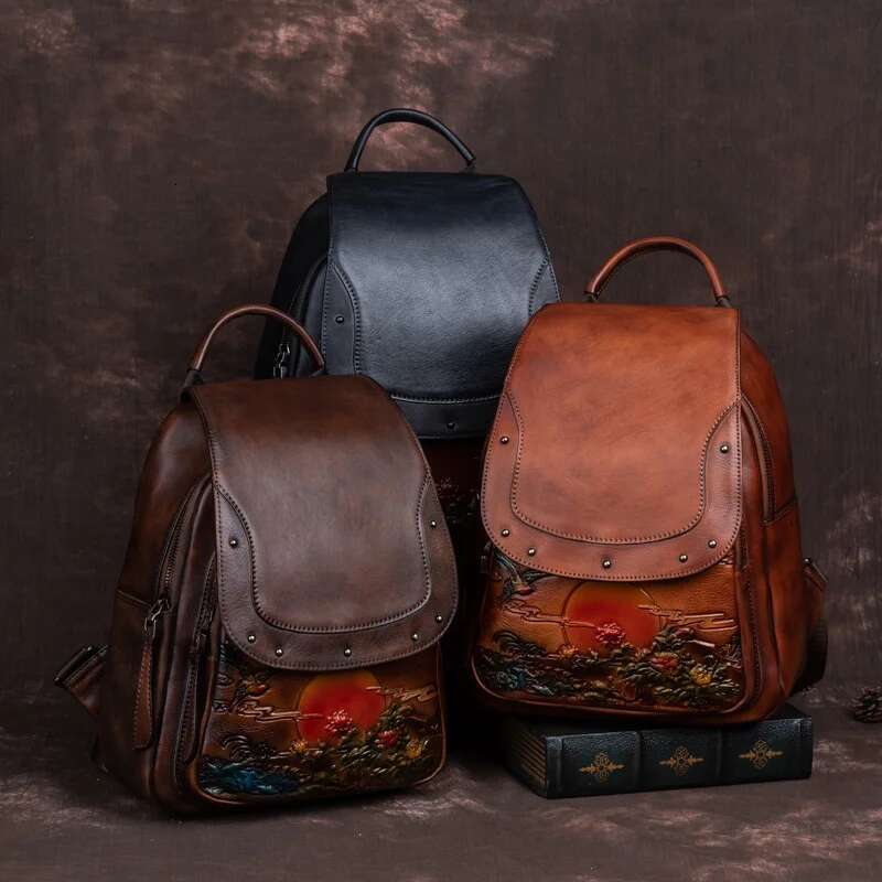 MOTAORA Vintage Emed Women Backpack Genuine Leather Book Bag Soft Cowhide Backpacks For School Teenagers Girls New