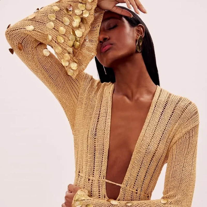 Shiny sequined knit Maxi dress deep lace neckline high waisted long robe see through party club womens clothing for 250317
