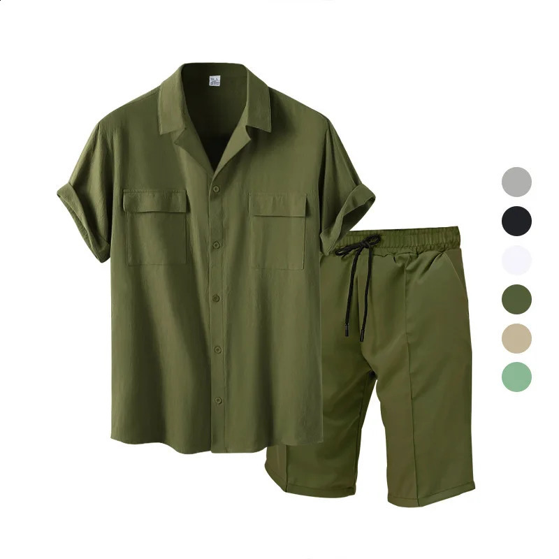 Casual Fashion Mens Suit Summer Beach Style Solid Color Mens Shirt Short Sleeve and Shorts Two-Piece Set Mens Clothing 250314