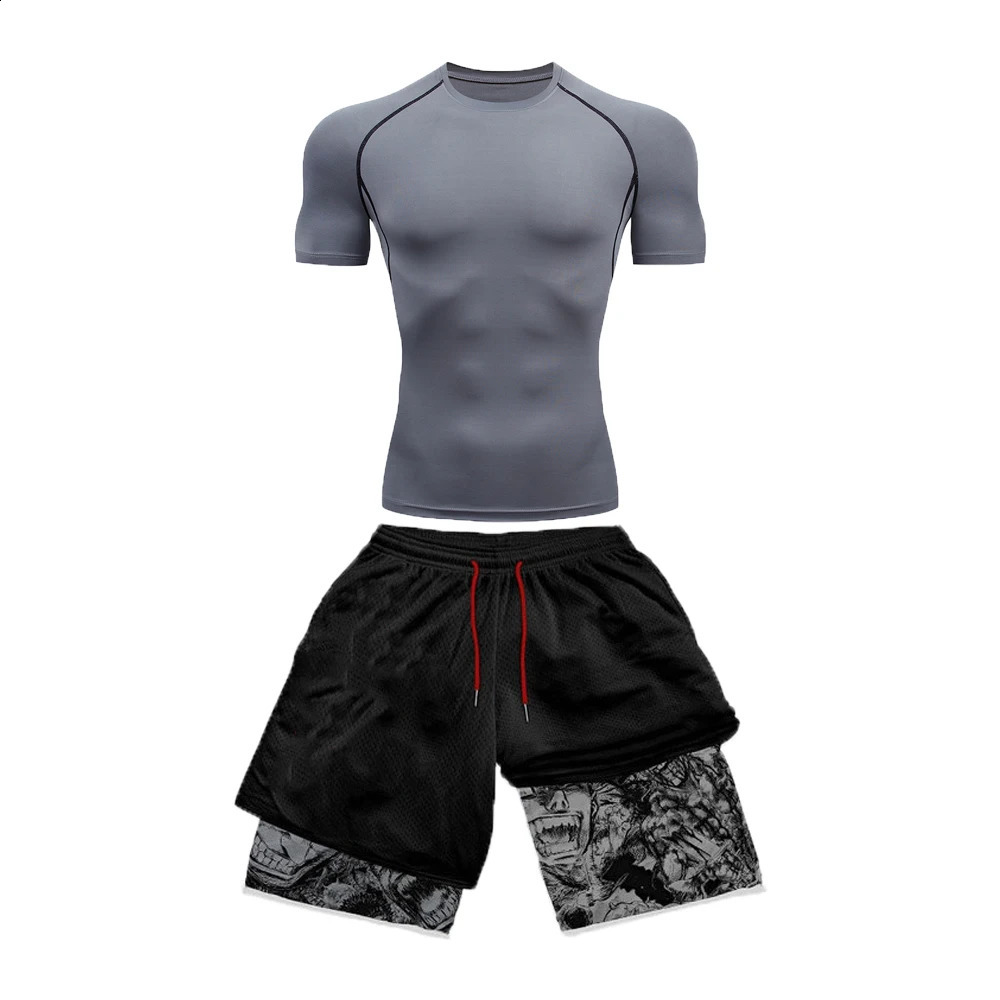 Mens Compression Suit Sports Fitness Quick Drying Tight Short Sleeved Anime Double Layer Shorts Summer 250319