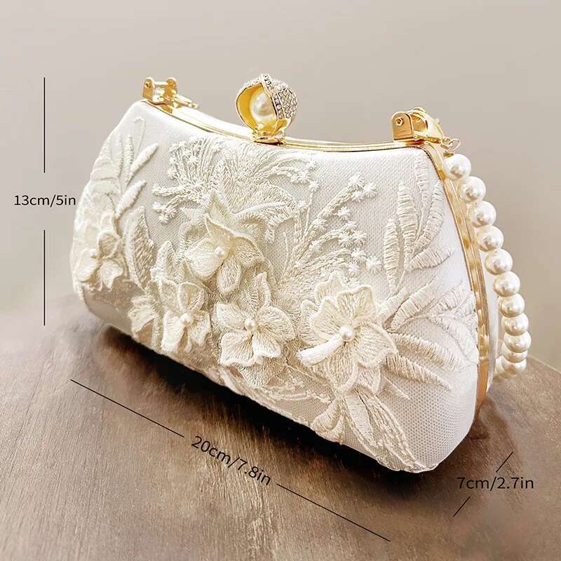 Pearl Chain Handbags Female White Embroidered Cheongsam Dress Clutch Purse Evening Bags Over Shoulder Party Wedding Prom
