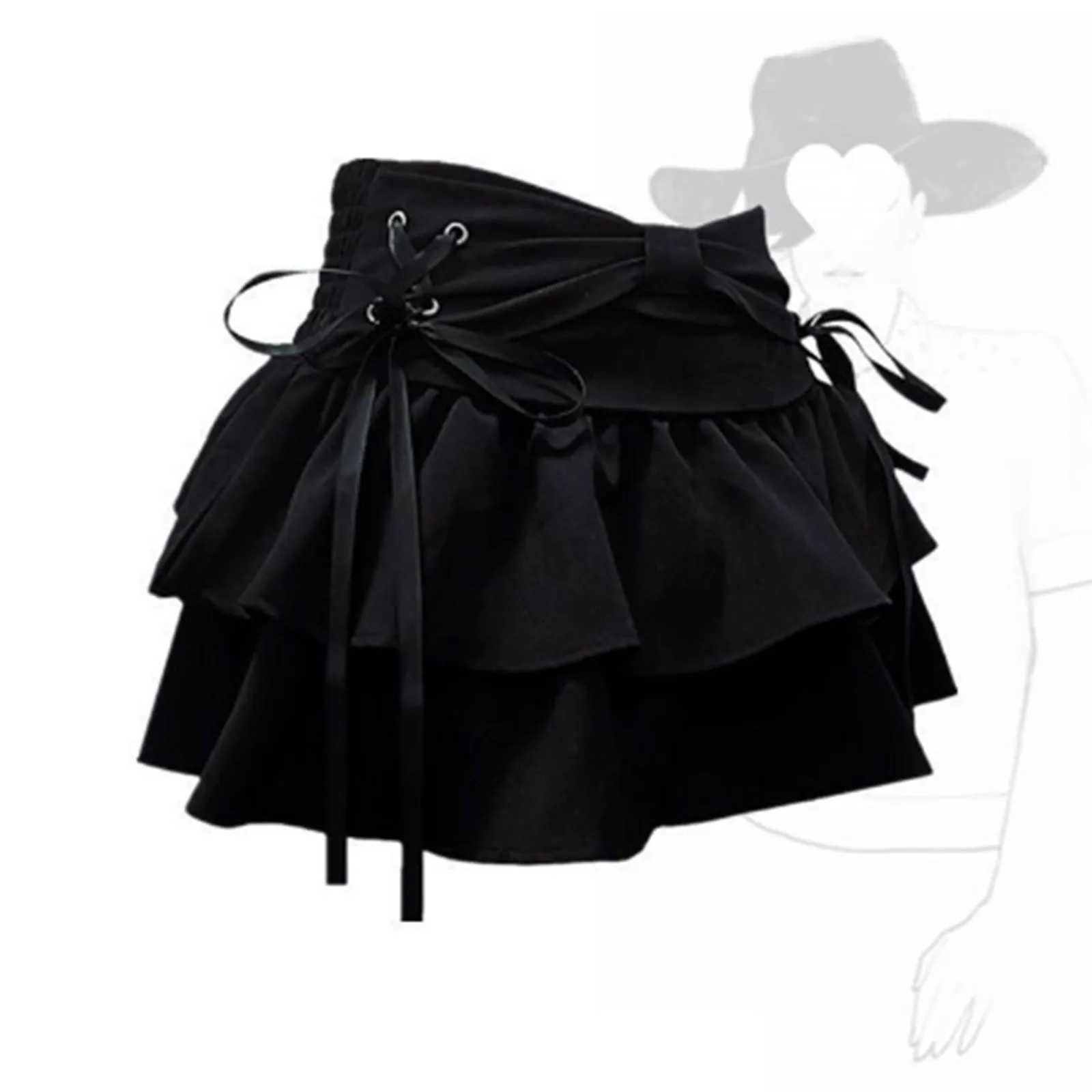 Fairy Tie Bow Harajuku denim shorts womens Y2k sweet high waisted laminated pleated skiing Korean large-size A-line skiingXJ250320
