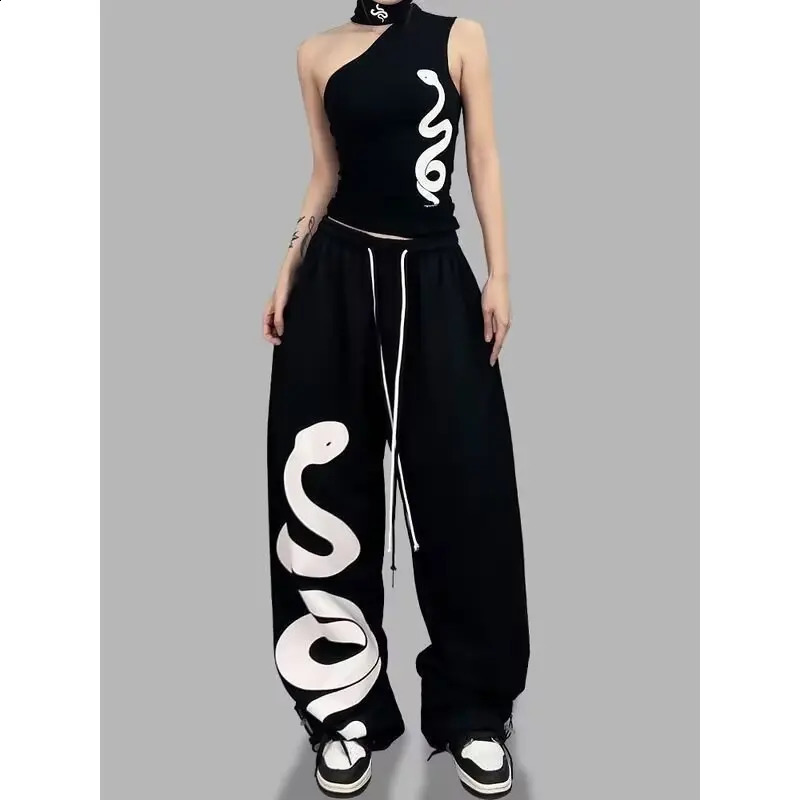 Y2K Street Dance Womens Black Hip Hop Loose Waist Large Print Graffiti Pants Street Jazz Dance Pants 250314
