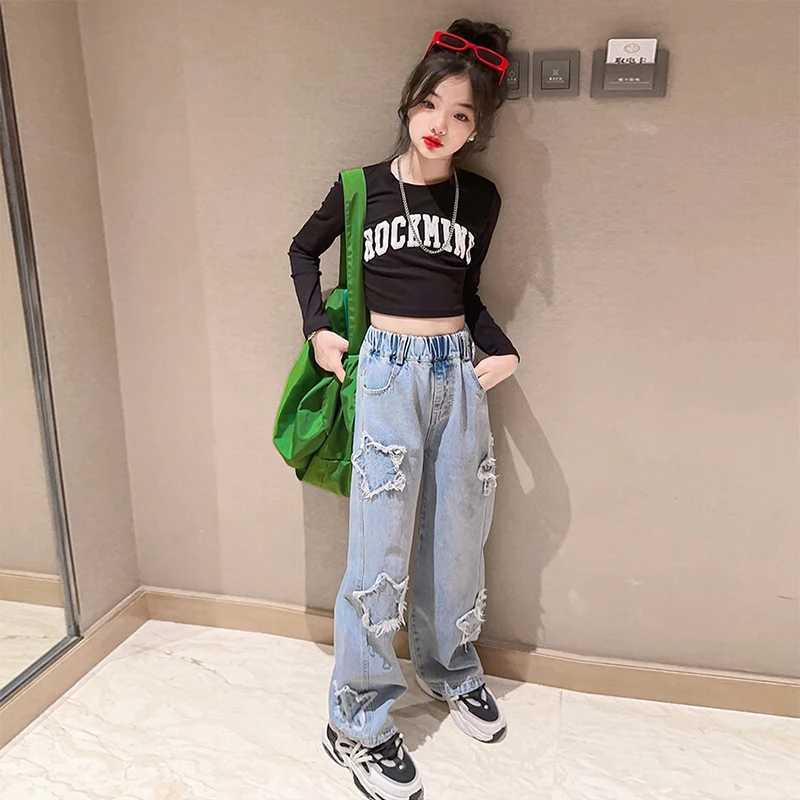 Spring and Autumn Teen Girls Cowboy Wide Leg Pants Children Trouser New Fashion Star Pattern Girls Jeans 5-14 Year Old Childrens ClothingT250326
