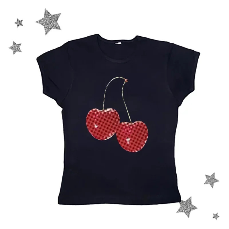 Aesthetic Summer Tee Streetwear Goth Harajuku Letter Graphic Cherry Print T-shirt Vintage Crop Tops Women 2000s Y2K Clothes 250320