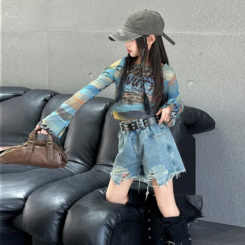 Childrens and Girls Hip Hop Clothing Set Long Sleeve Crop Top Cowboy Shorts Fashion Street Dance Stage 2PCS 250319