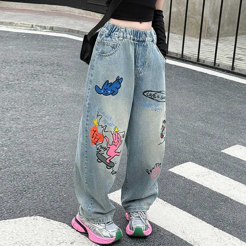 Spring and autumn new cartoon printing loose fitting teenage girls jeans girls summer design wide leg pants children Trouser 5-14 years oldT250326