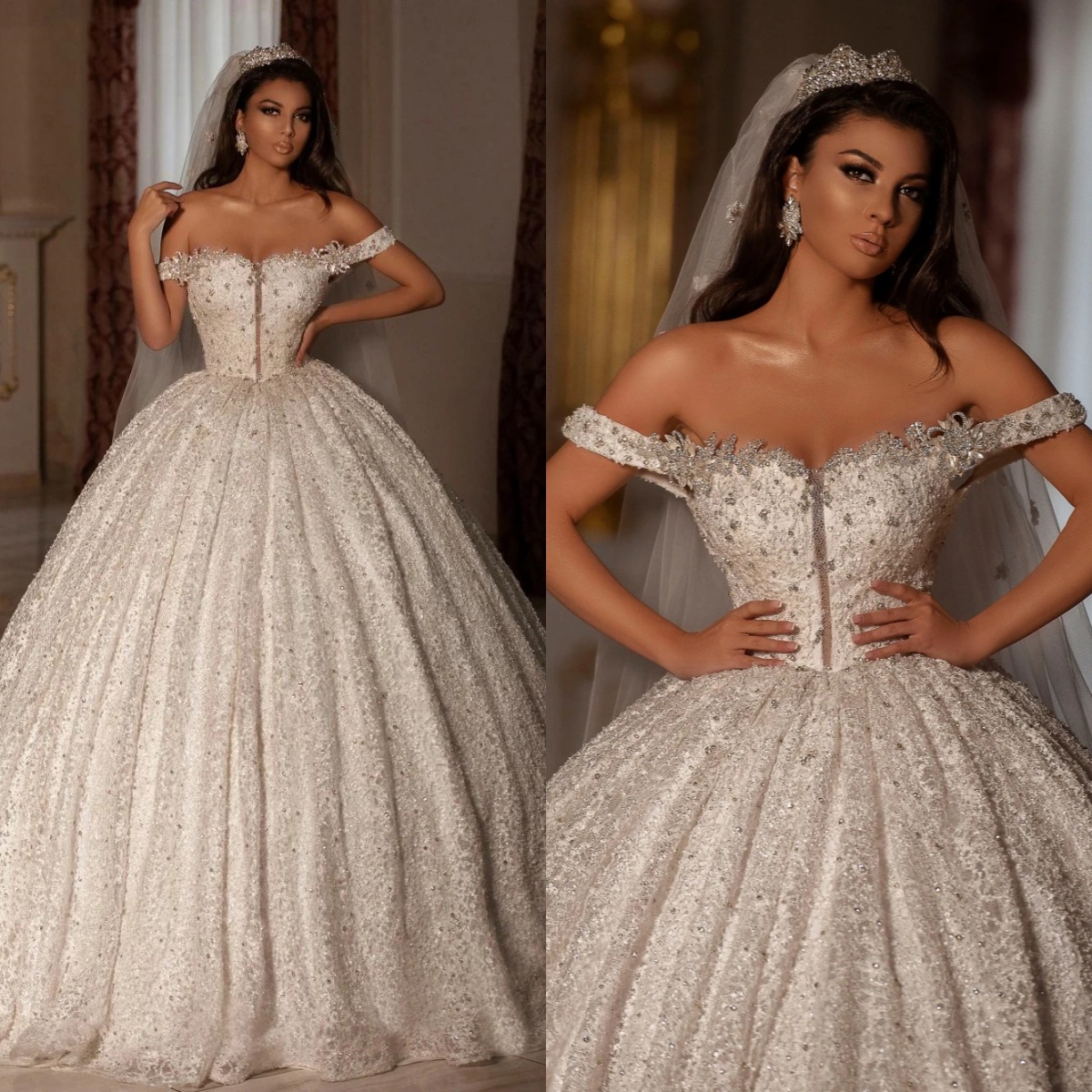 Gorgeous Women Wedding Off Shoulder Sleeveless Backless Bridal Gowns Sequins Crystal Sweep Train Dress Custom Made