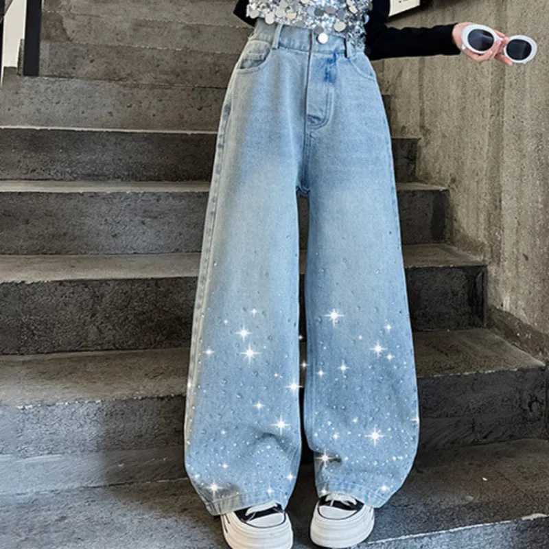 New Childrens Girls Wide Leg Jeans Spring Fashion Rhinestone Shiny Elastic Waist Pants Casual Childrens Denim ShortsT250326