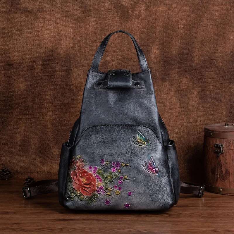 MOTAORA Ral Emed Leather Backpack For Women, Vintage Cowhide Shoulder Bag, Handmade Crossbody Purse With Adjustable Strap