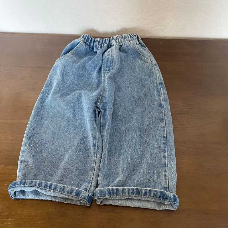 2024 Autumn Boys and Girls Solid Color Cowboy Wide Leg Pants Unisex Childrens Casual Full Match JeansT250326