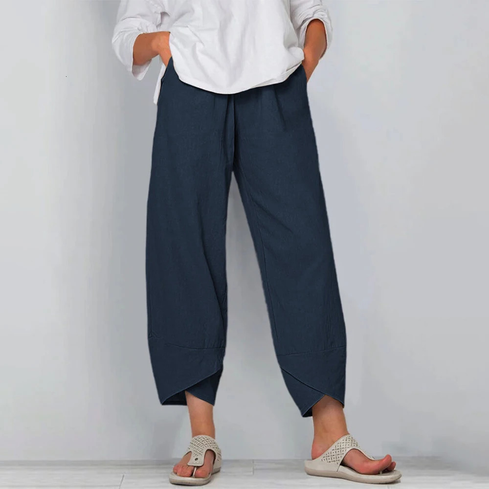 Women Cotton Linen Harem Pants Vintage Printed Wide Leg Trousers Casual Solid Pockets Harajuku High Waist Baggy Pants Joggers 250320
